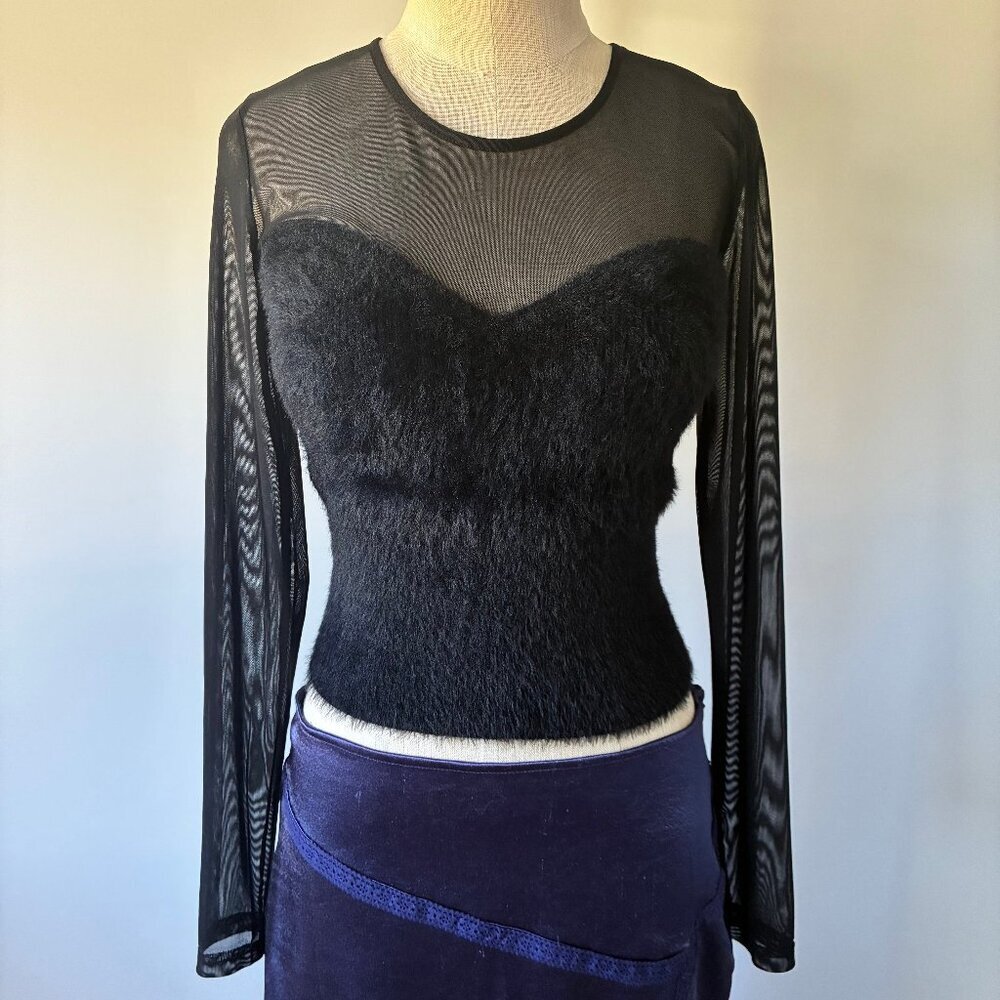 Le Lis Black Fluffy Bodice Sheer Women's Long Sleeve Top